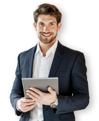 Uomo sorridente con tablet in mano