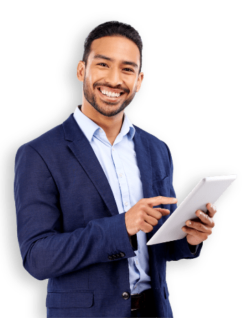 Uomo sorridente con tablet
