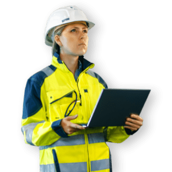 Donna vestita da lavoro con in mano un laptop