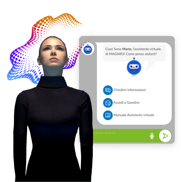 Vantaggi software gestionale commercialista: Donna circondata da un effetto grafico luminoso, simbolo dell'intelligenza artificiale integrata in MAGIXR3