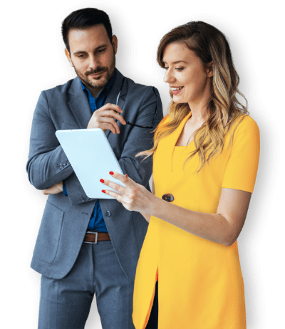 Uomo e donna con tablet prenotano la sessione demo del software per firma dei documenti