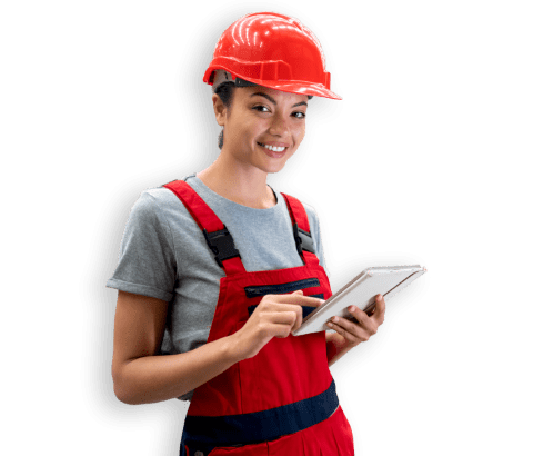 ragazza sorridente con caschetto e laptop in mano