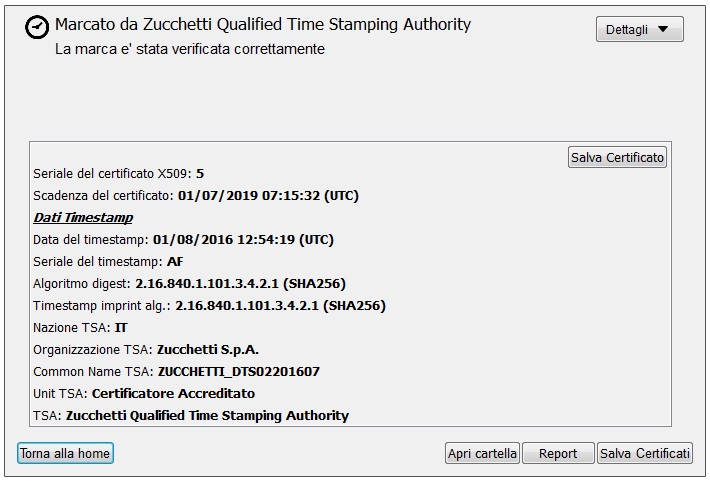 Dettaglio verifica Time Stamping Authority